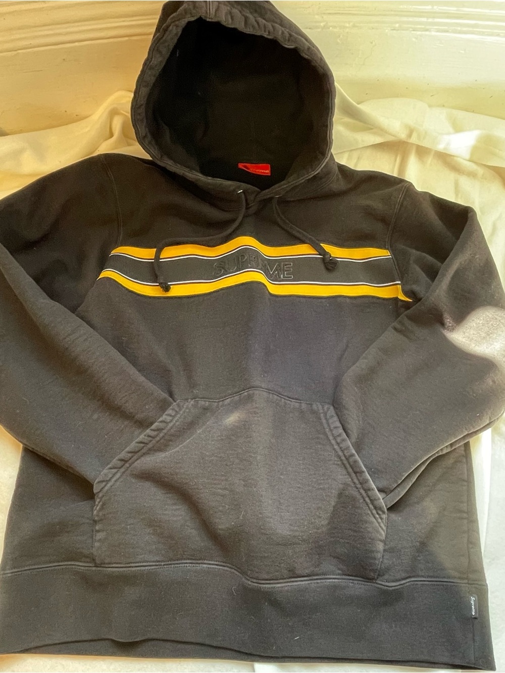 Supreme SS19 Chest Stripe Logo Hooded Sweatshirt - Black / Yellow